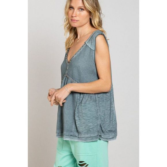POL CLOTHING V-neck Tank Top with Stud Trim Ocean Teal Summer Spring New TKT709 - Picture 6 of 7